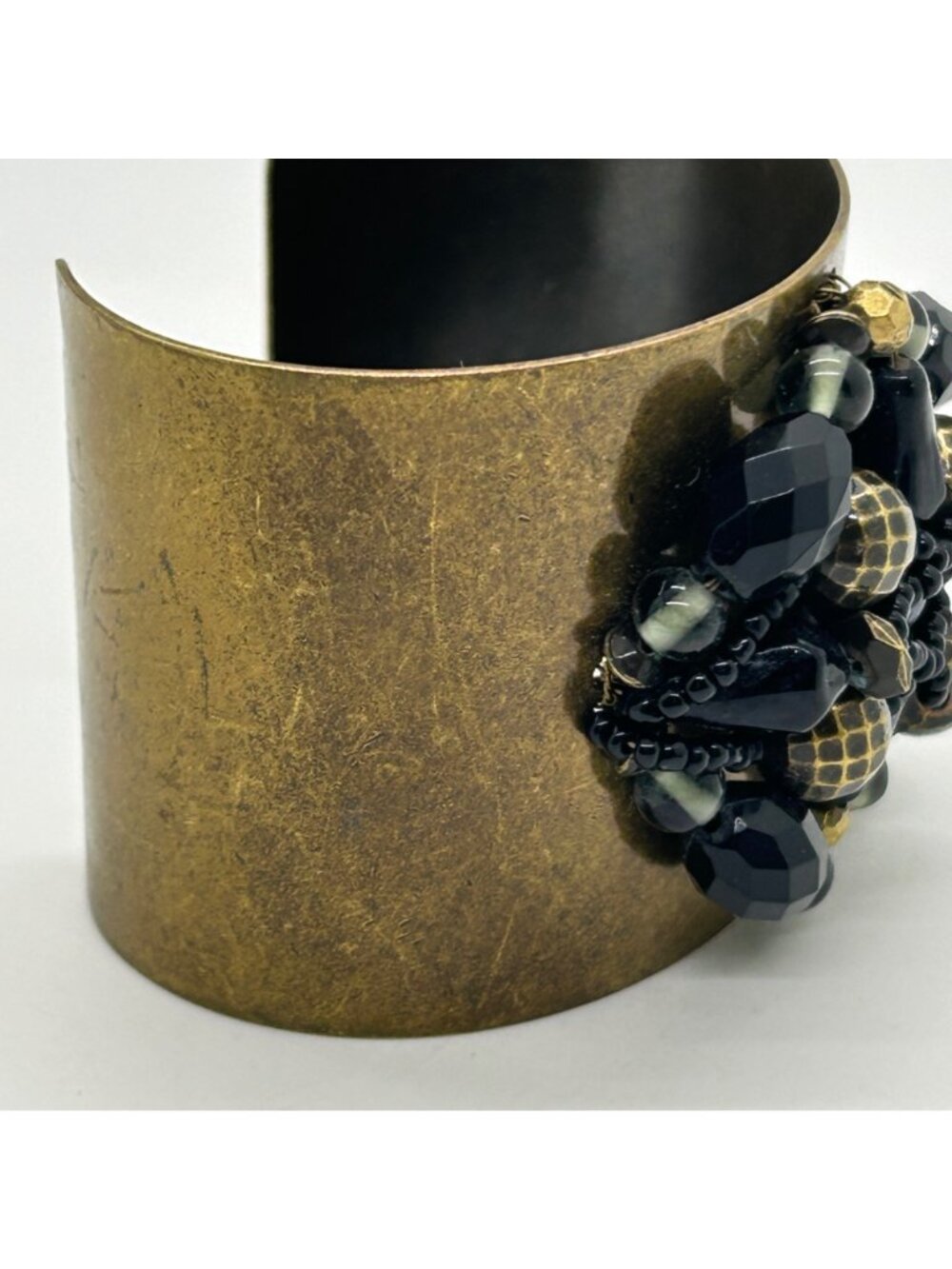 Vintage Brass Wide Cuff Bracelet Black Gold Beaded Cluster Boho Statement - Picture 3 of 11